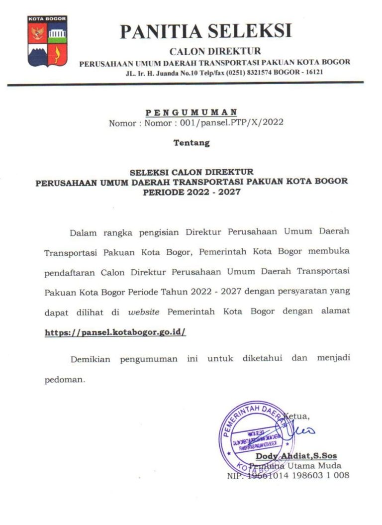 Seleksi Calon Direktur Perusahaan Umum Daerah Transportasi Pakuan Kota Bogor