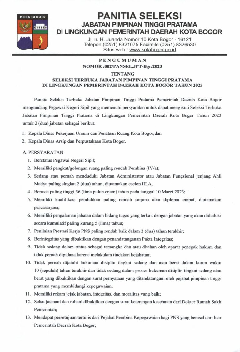 Seleksi Terbuka Jabatan Pimpinan Tinggi Pratama Di Lingkungan Pemerintah Daerah Kota Bogor Tahun 2023