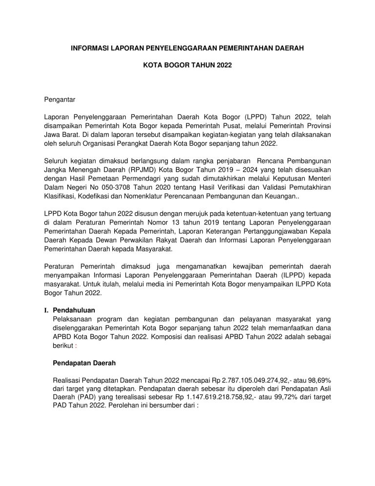 INFORMASI LAPORAN PENYELENGGARAAN PEMERINTAHAN DAERAH KOTA BOGOR TAHUN 2022